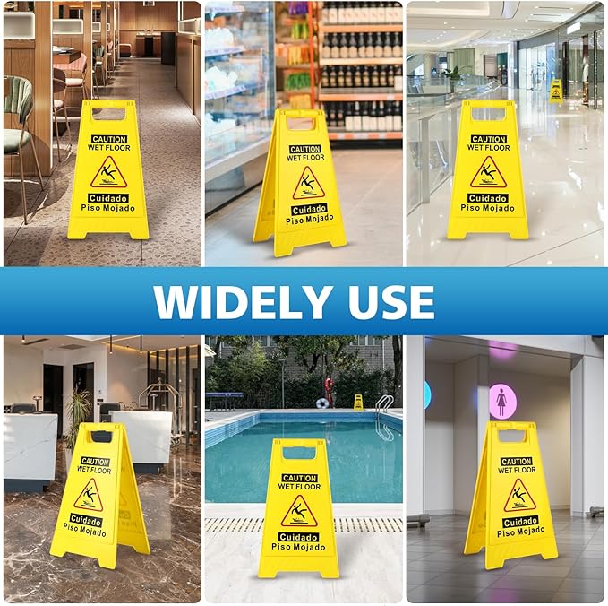 2-Pack Caution Wet Floor Sign,17.5" Height,Bright Yellow Double-Sided Folding A-Shaped Frame Design, Bilingual Caution Message