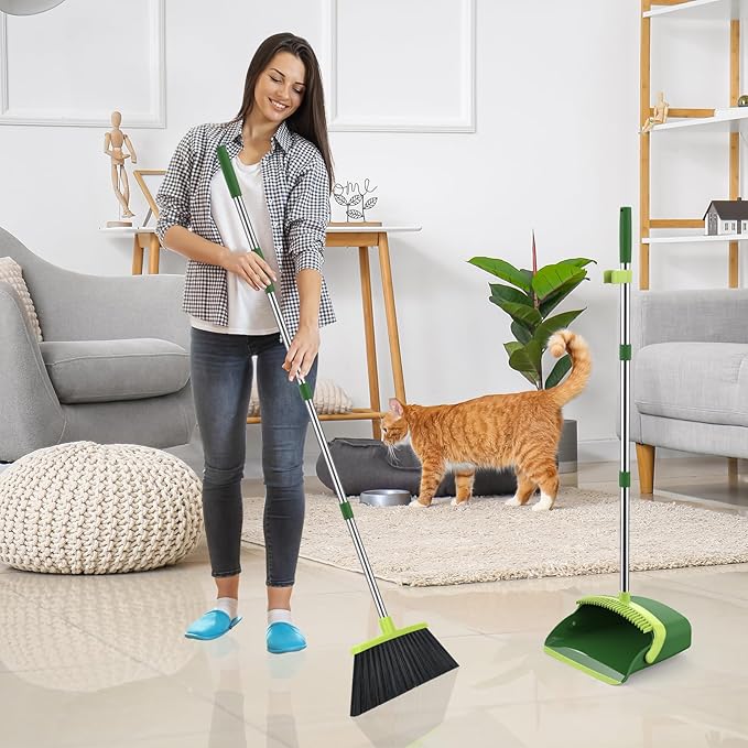Broom and Dustpan Set, 52-in Long Adjustable Handle Broom Dustpan Combo with Dust pan Teeth to Automatically Clean Hair Suitable for Home Kitchen Office Hall Floor (Green), 4 Pack