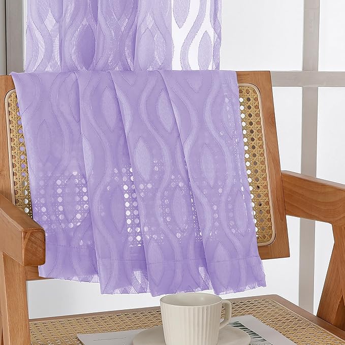 Aiyufeng Light Purple Sheer Curtains 54 Inch Length 2 Panels, Soft Lightweight Clip Jacquard Textured Sheer Curtain Panels, Modern Wavy Line Voile Sheer Curtain for Bedroom Living Room, 40Wx54L Inches