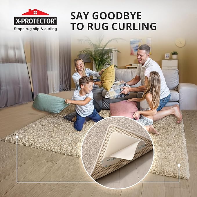 X-Protector Rug Tape - 16 Pcs Set - White Anti-Slip & Anti-Curling Carpet Tape for Hard Floors - Premium Rug Pad Gripper - Ideal Carpet Corner Grippers to Keep Your Carpet in Place & Make Corners Flat