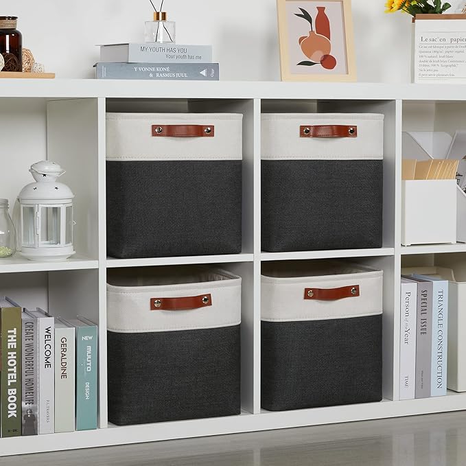 DULLEMELO Set Of 4 Cube Storage Bins, Fabric Storage Basket for Shelves Closet Nursery Toy Storage, 12 Inch Collapsible Fabric Bins for Toy Book Magazine Towel Organizers(4 Pack - 12" White&Black)