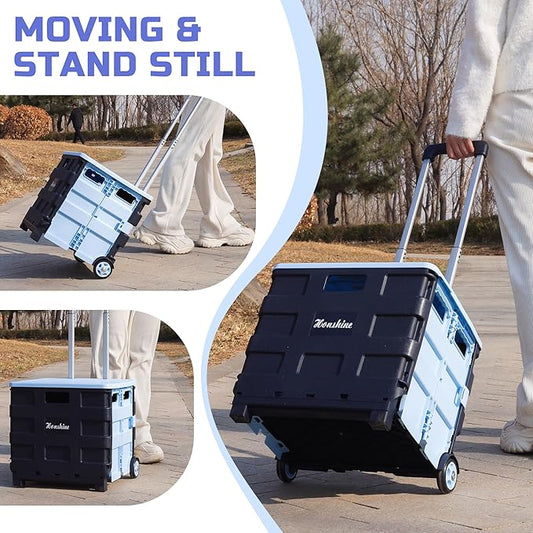 Collapsible Rolling Crate on Noiseless Wheels: Portable Utility Cart for Shopping Teacher Laundry (Blue)