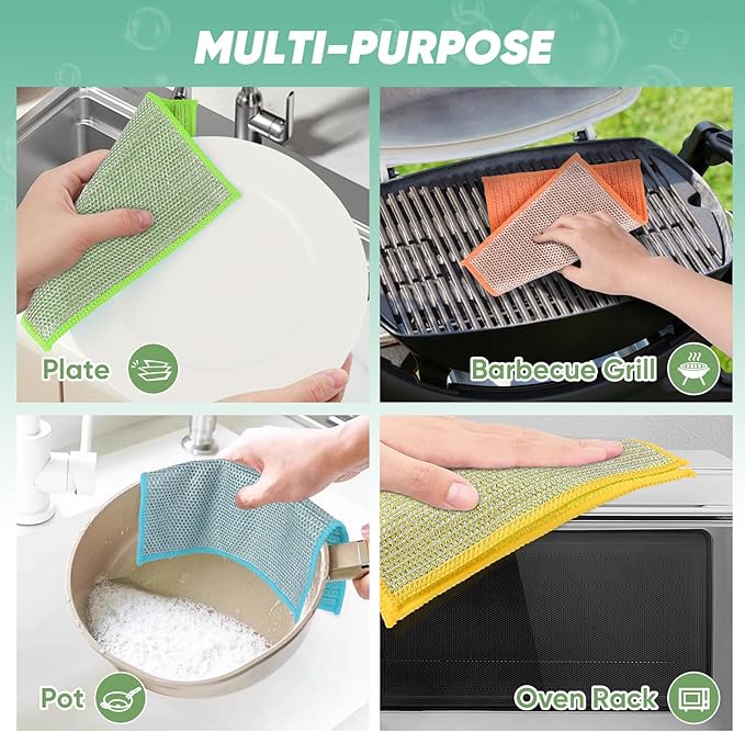 Orighty Multipurpose Wire Dishwashing Rag 12 Pcs, Upgraded Double-Layer Non-Scratch Wire Dish Cleaning Cloths, Kitchen Reusable Steel Scrubber, Powerful Dishcloth Rag for Cookware, Multicolor, 7"x8"