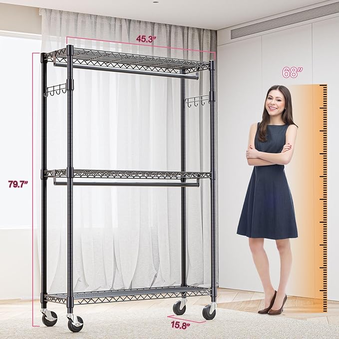 Heavy Duty Rolling Garment Rack 3 Tiers Adjustable Wire Shelving Clothes Rack with 2 Rods and Side Hooks,Storage Closet Clothing Rack with Wheels Black 15.7" D x 45.3" W x 79.6" H