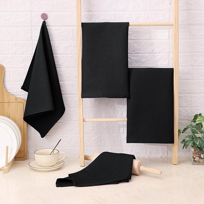 Homaxy 100% Cotton Waffle Weave Kitchen Towels - 6 Pack Soft and Absorbent Dish Towels - 16 x 26 Inches Quick Dry Hand Towels - Black