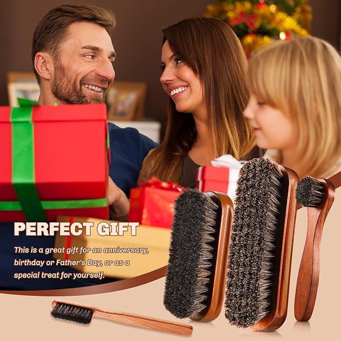 4 Pcs Horsehair Shine Shoes Brush Kit Polish Dauber Applicators Cleaning Leather Shoes Boots Care Brushes Suede Cleaner Brush with Microfiber Shoe Cloth(Brown Style A)