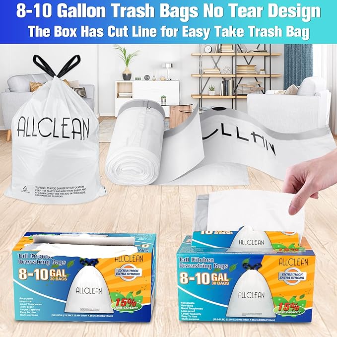 Trash Bags 10 Gallon Medium Kitchen Drawstring Bathroom Garbage Bags, Fit 8-10 Gal Bins,Extra Strong&Leak-Proof,Unscented&Recyclable Trash Can Liners for Bathroom Home Office Garden Lawn