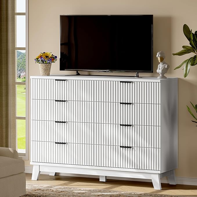 Fluted Dresser with 8 Drawers, 54" Wide Modern Chest of Drawers with Metal Handle, Wooden Dresser TV Stand, Wood Closet Clothes Storage Organizer for Bedroom, Living Room, Hallway, Solid White