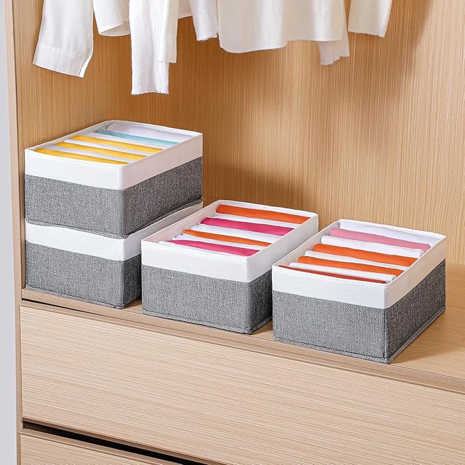 4 Packs T-shirt Drawer Organizers for Clothing,8 Grids Compartment Wardrobe Storage Box, Washable Clothes Organizer for Legging,Silk Scarve-12.59''x9.05''x5.9-GreyWhite