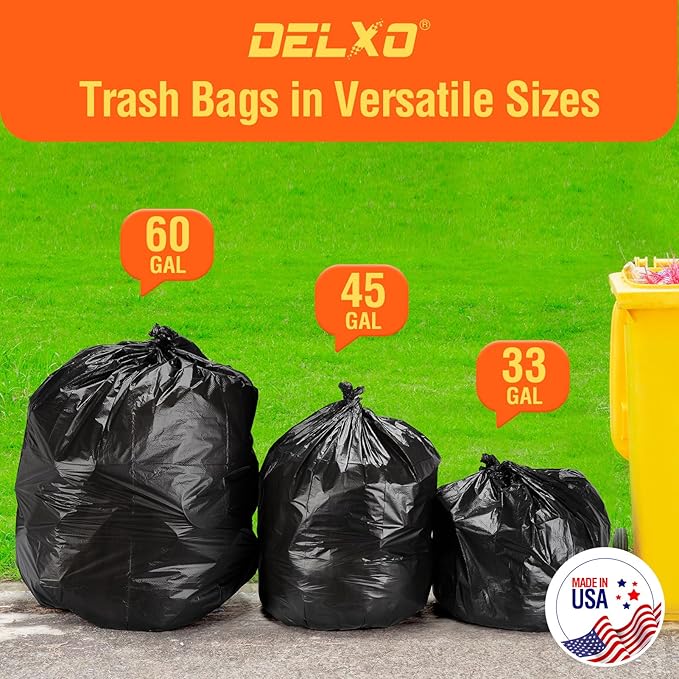 Delxo 30-33 Gallon Black Trash Bags, 250 Count – Medium Duty Garbage Bags, Thick, Durable & Puncture-Resistant Plastic Bolsas para basura, Perforated Design– Made in USA for Kitchen, Yard, Office