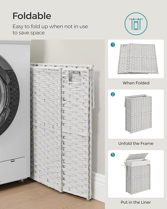 SONGMICS Slim Laundry Hamper with Lid, 14.5 Gallon (55L) Rattan Clothes Laundry Basket with Lid and Handles, Foldable, Removable Liner, Cloud White ULCB164W01