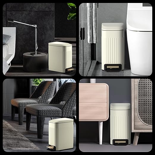 CEROELDA Small Bathroom Trash Can with Lid Soft Close-5L/1.3 Gal Slim Garbage Can-Metal Step Wastebasket-Rectangle Narrow Waste Bin for Office, Bedroom, Toilet, Live Room (Embossed-Beige)