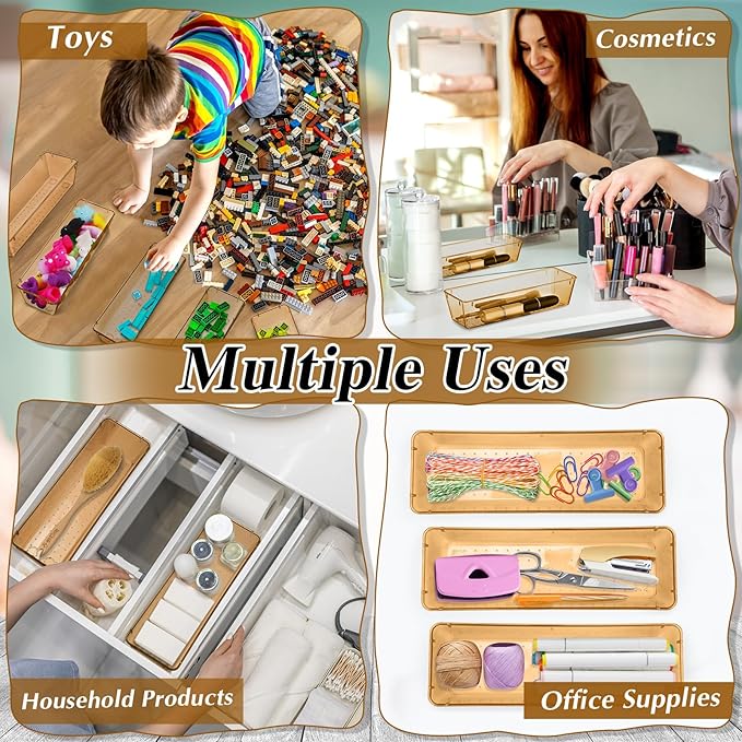 Maitys 12 Pcs Vanity Drawer Organizer 9 x 3 x 2 Inches Clear Plastic Utensil Organizers Kitchen Drawers Dividers for Office Desk Silverware Kitchen Utensils Cosmetics and Bathrooms(Champagne)