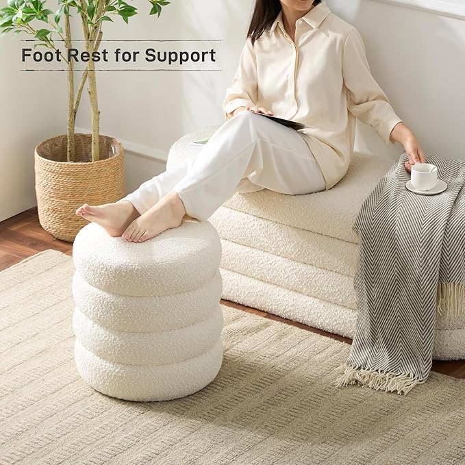 Round Ottoman with Storage Boucle Ottoman Stool with Storage Removable Lid for Living Room Modern Vanity Sorage Stool Foot Rest Bedroom Dorm Gifts Set of 2 (White)