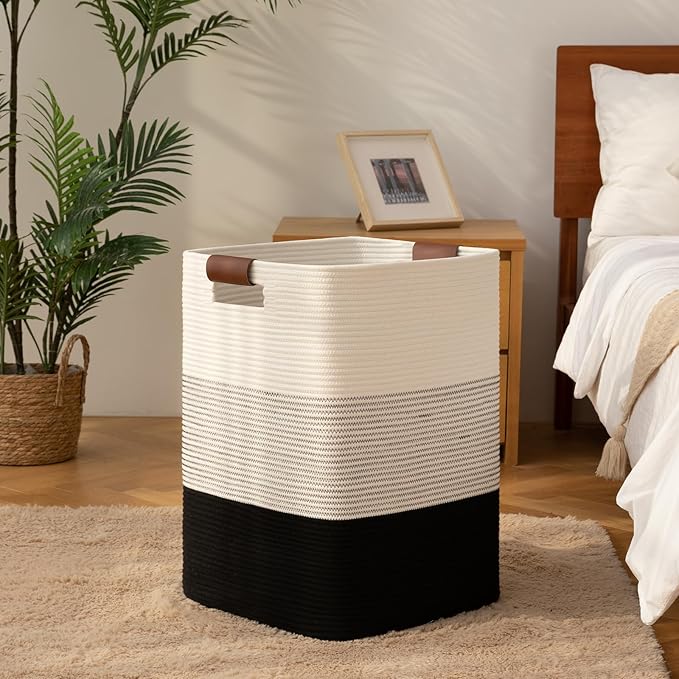 Laundry Hamper 96L Extra Large Laundry Basket, Woven Blanket Basket, Cotton Woven Storage Hamper with Handles for Living Room, Large Baskets for Pillows, Blankets, Clothes-Gradient Black