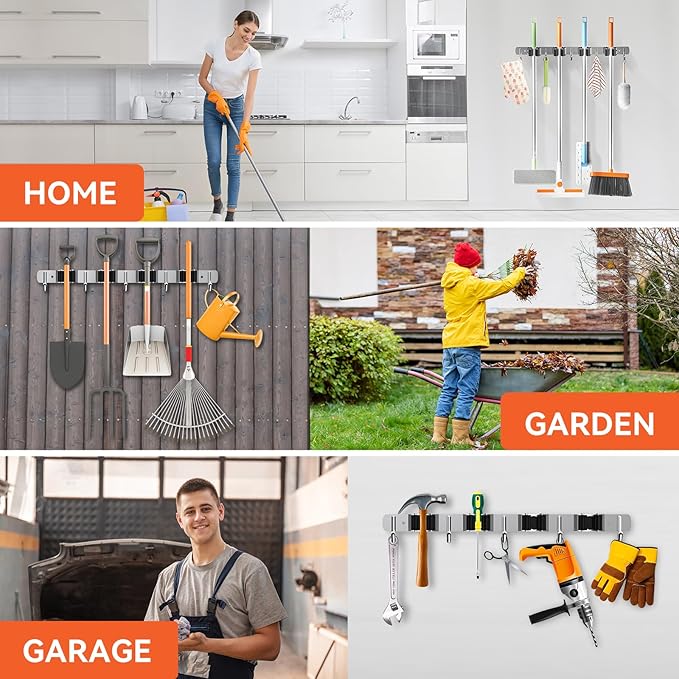 ZONGOOL 4 Racks and 5 Hooks Broom Holder Wall Mount Mop Hanger Wall Mounted Mop and Broom Storage Tool Rack Stainless Steel Garage Organization Garden Kitchen Home Laundry Organizer (Silver)