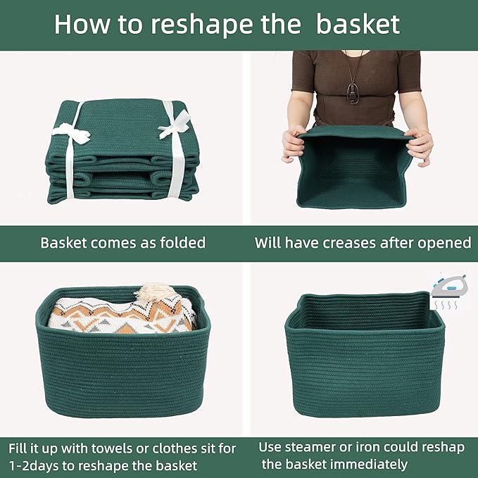 Cotton Rope storage Basket Bins14.5X9.5X9.3“ Basket for Organizing Shelves Rectangle Decorative Baskets For storage Clothes Toys Books Towels Square Wicker Nursery basket organizer 3 pack Dark green