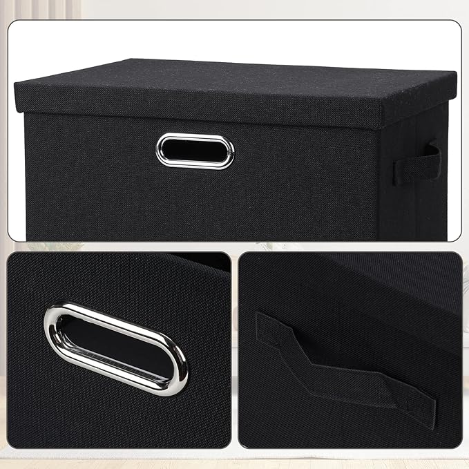 Large 17" 36 Quart Collapsible Stackable Storage Bins with Lids, 5 Packs Black Linen Fabric Closet Boxes with Lids, Storage Cube Baskets Container Organizers for Bedroom Office(17 x12 x11)