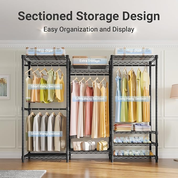 VIPEK V5 Portable Closet Wardrobe Heavy Duty Clothes Rack, Freestanding Clothing Rack with 4 Hang Rods & 8 Shelves, Adjustable Closet Racks, 68.9" L x 15.7" W x 76.4" H, Max Load 890LBS, Black