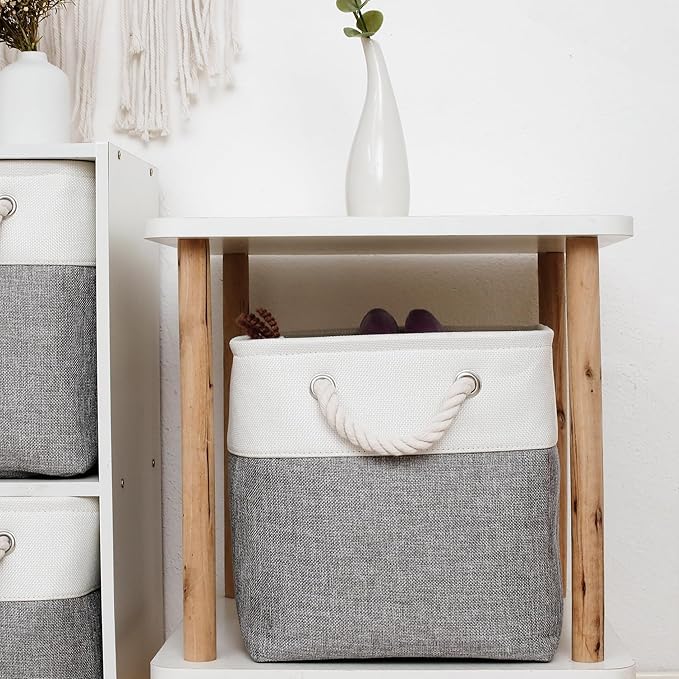 11 x 11 Inch Storage Cubes, 6 Pack Large Collapsible Fabric Storage Bin with Ropes, Foldable Storage Cubes for Home, Office,Closet, Clothes, Toys Organizer (White&Gray)