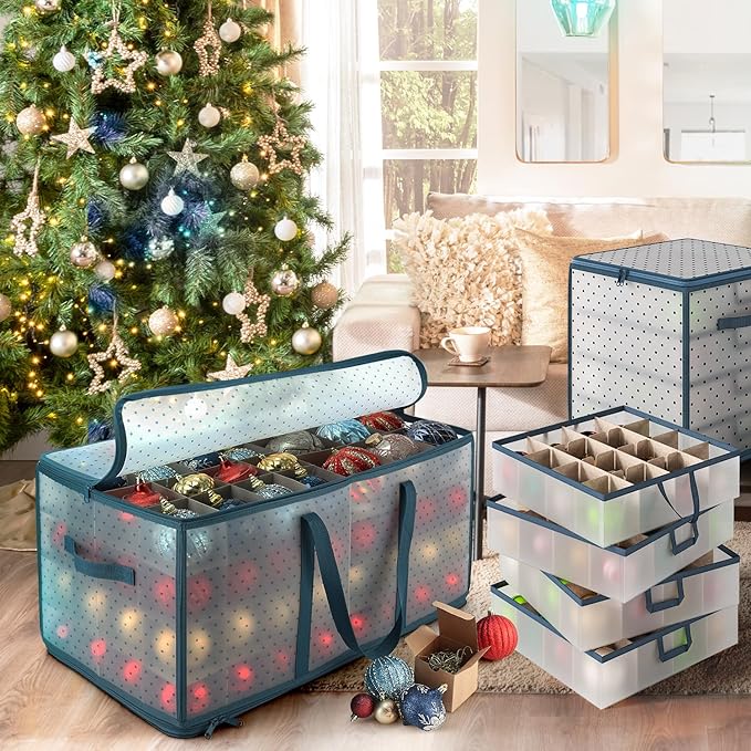 Hearth & Harbor Large Christmas Ornament Storage Box With Adjustable Dividers - Plastic Ornament Storage Container For 128 Holiday Ornaments or Decorations