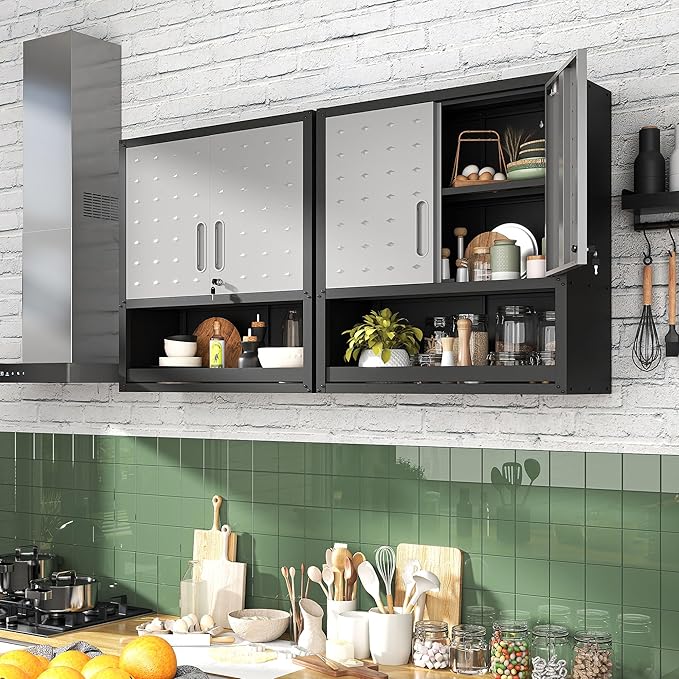 Metal Wall Cabinets with Doors and Shelves Black and Gray Garage Cabinets Wall Mounted Adjustable Storage Shelving Floating Garage Tool Cabinet,Wall Cabinet for Warehouse/Basement/Kitchen