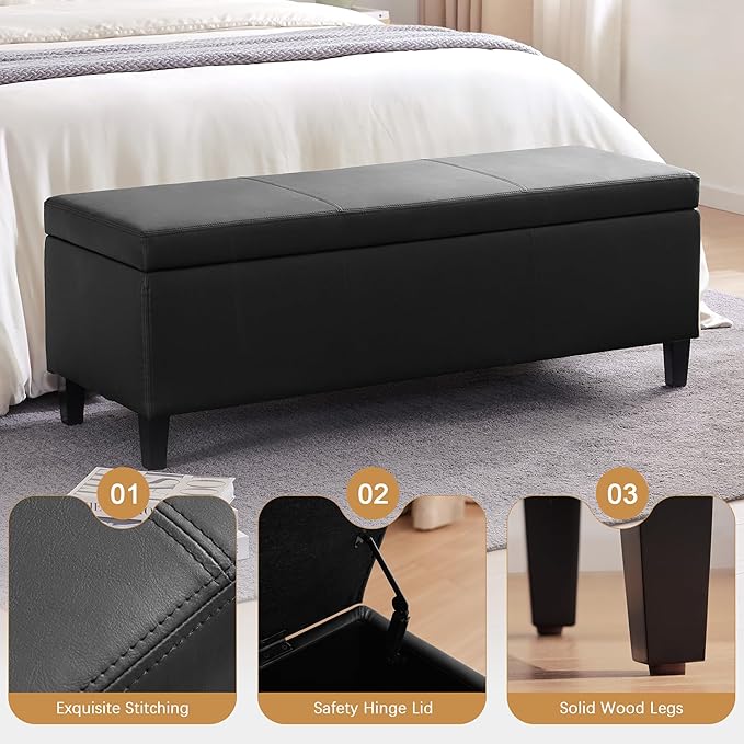 HUIMO Faux Leather Storage Ottoman Bench 50.3 Inch Extra Long PU Upholstered Bedroom Bench with Large Storage Space for The Living Room, Entryway, Bedroom Hold Up to 300lbs (Black)