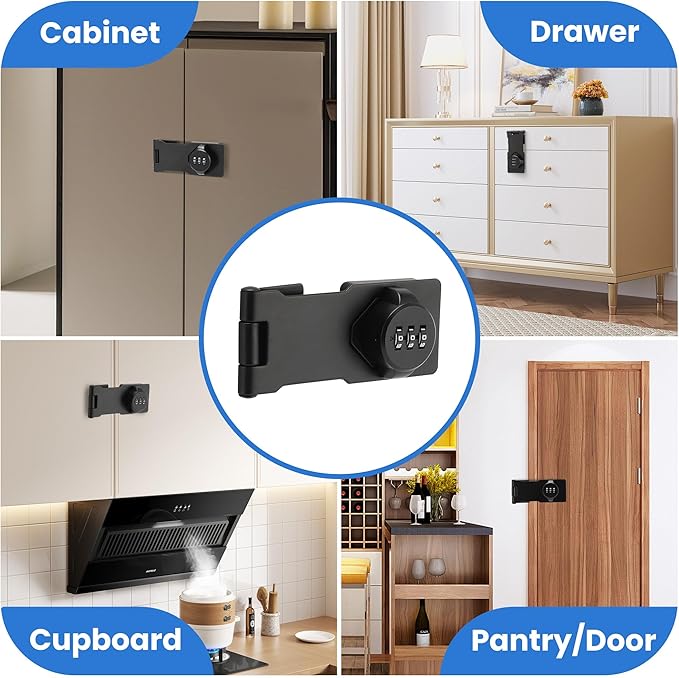 Keyless Cabinet Lock with Combination Code - 3-Digit Password Hasp Latch Lock for Drawers, Bifold Closet Door and Double Sided Door (Black, 4.5 Inch)