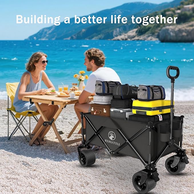 Collapsible Wagon Cart with Silent All-Terrain Wheels, Foldable Heavy Duty Beach Wagon with 330LB,Folding Cart with Cup Holders and Brakes for Camping, Garden,Shopping,Sports Black