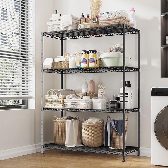4- Shelf Metal Shelving Unit Adjustable Storage Shelves Heavy Duty Garage Shelving Steel Wire Shelving for Laundry Bathroom Kitchen Pantry Closet Garage Black, 35.6Wx16Dx54H