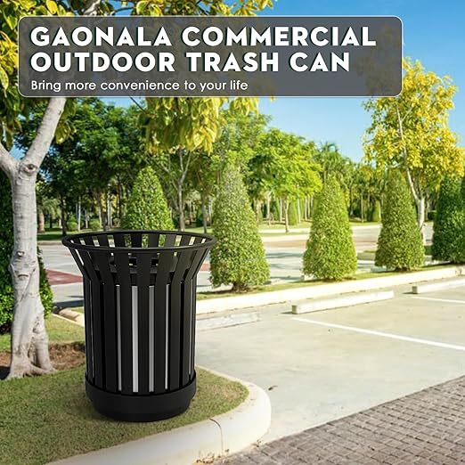 25.2IN Large Round Large Outdoor Trash Can, Heavy Duty Metal Slatted Garbage Can Outdoor, All Weather Resistant Commercial Garbage Cans, Waste Receptacle in Park, School, Beach, Patio Black