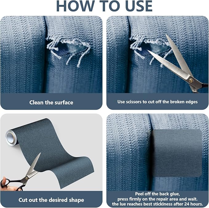 Fabric Repair Patches, Linen Repair Tape Self-Adhesive Fabric Patches Durable, DIY Large Linen Tape for Sofa, Couches, Furniture, Chair, Clothing (3.5X79 Inch, Blue Grey)