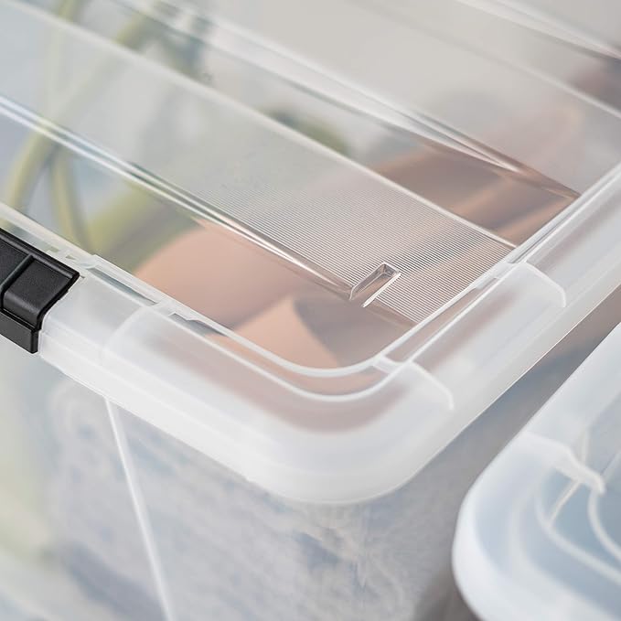IRIS USA 72 Qt Stackable Plastic Storage Bins with Lids, 6 Pack - BPA-Free, Made in USA - See-Through Organizing Solution, Latches, Durable Nestable Containers, Secure Pull Handle - Clear