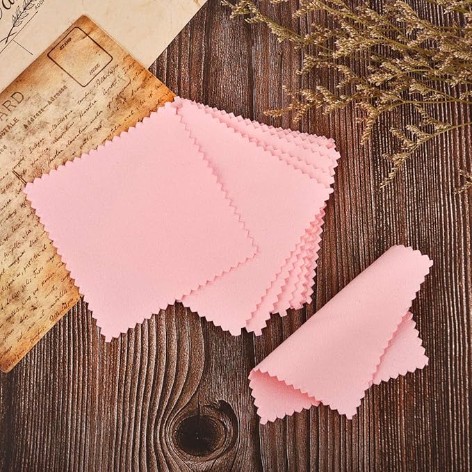 SEVENWELL 50pcs Jewelry Cleaning Cloth Pink Polishing Cloth for Sterling Silver Gold Platinum Small Silver Polish 8x8cm