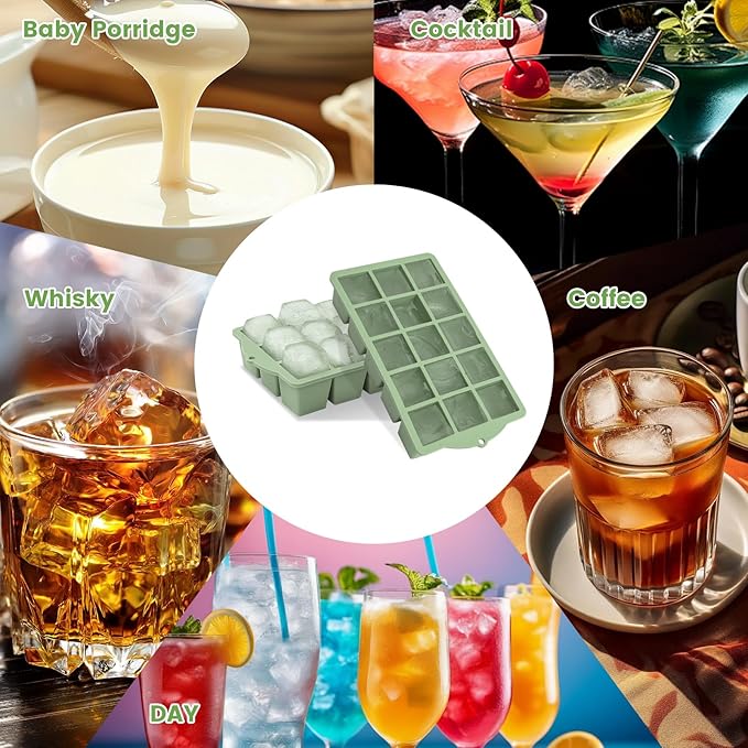 Silicone Ice Cube Tray, 3 Pack Easy-Release Stackable Ice Trays for Freezer with Lid 15 Reusable Cubes, Food Grade BPA Free Ice Molds for Whiskey, Baby Food, Coffee, Cocktail (Blue+Green+Grey)