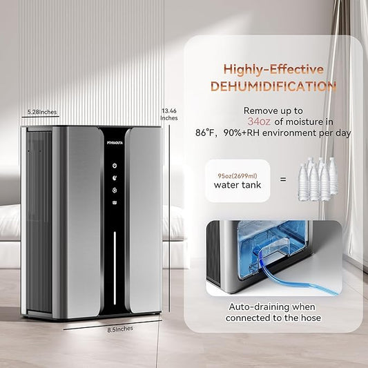 95oz Home Dehumidifier, (950 sq.ft) Quiet dehumidifier for Bedroom Bathroom with Drain Hose, with Air Reusable Filter Indoor deshumidificador for Basement RV Closet