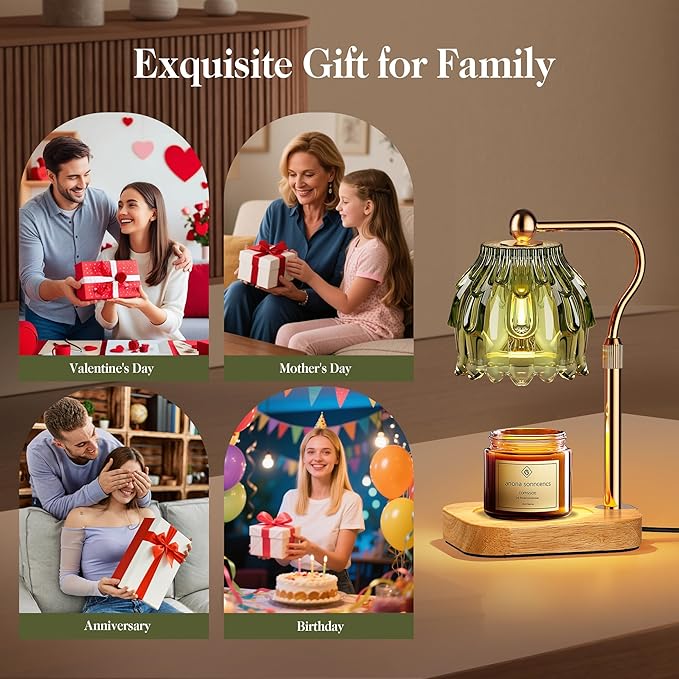 Candle Warmer Lamp with Timer Dimmer, Modern Wax Warmer for Scented Wax Jar Candle Warmer with 2 Bulbs, Adjustable Height Glass Lamp for Gifts for Women, House Warming Gifts, Home Decor, Gold Green
