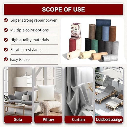 Linen Repair Tape 16x90 inch, Self Adhesive Fabric Patches, Linen Patch Tape Kit, Fabric Repair Tape for Couch Sofas, Headboards, Chairs, Pillows, Curtains, Couches - Dark Red