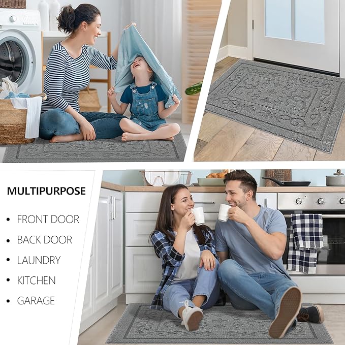 FONEYI Indoor Door Mat 32" x 40", Dirt Trapper Door Mats Non-Slip Entryway Rugs Washable, Absorbent Resist Dirt Welcome Mat, Low Profile Inside Floor Mats for Front Back Door and Entryway, Light Grey