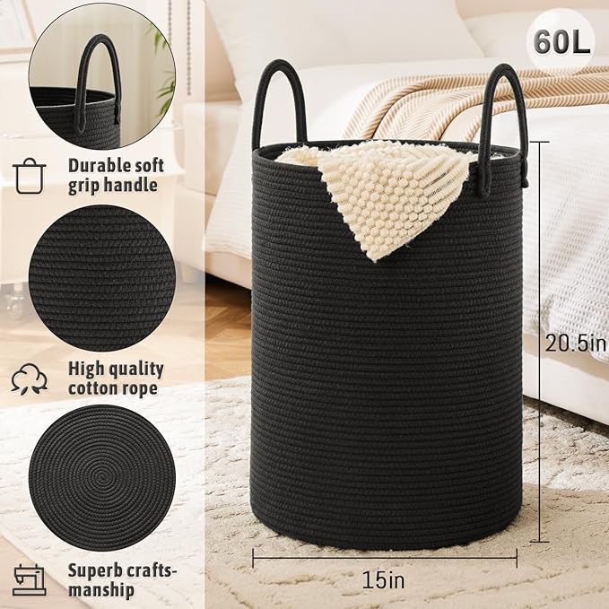 Laundry Basket,Woven Cotton Rope Laundry Hamper,60L for Decorative Storage of Dirty Clothes,Toys and Blankets in Bathroom,Baby Room and Living Room