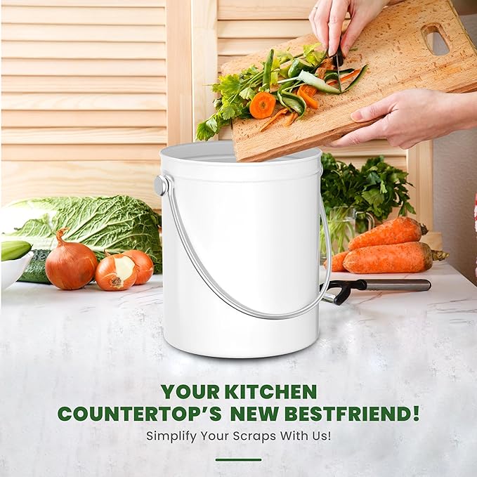 Utopia Kitchen Compost Bin for Kitchen Countertop, 1 Gallon Compost Bucket for Kitchen with Lid, Includes 1 Spare Charcoal Filter (White)