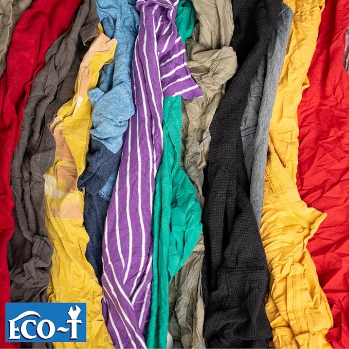 10 Lb Box Eco-T Mechanic Shop Rags - Colored T-Shirt Material, 100% Recycled, Eco-Friendly, High Absorbency, Low Lint, Low-Cost, Industrial Use Wiping Cloth
