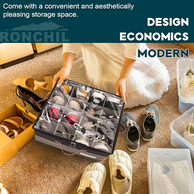 Shoe Organizer for Closet, Foldable Shoe Storage Bins with Clear Cover, Space Saving Shoes Holder with 4 Handles, Large Adjustable Shoe Box Storage Containers, Fits 8-16 Pairs, 2 Pack, Black