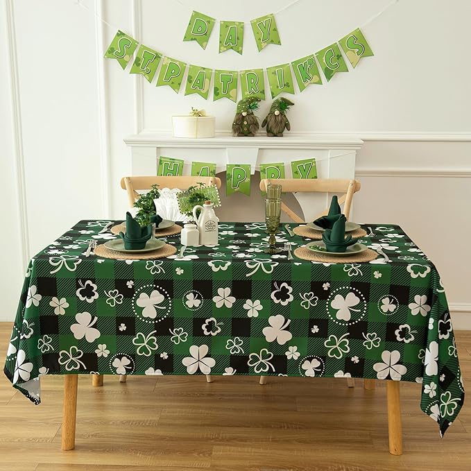 Green Gingham Shamrock Plaid Tablecloth - St. Patrick's Day Rectangular 58x102 Inch Water Resistant Table Cloth for Indoor/Outdoor Use - Holiday Table Cover for Kitchen and Parties