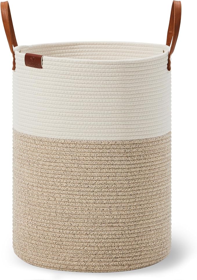 VIPOSCO Tall Laundry Basket, Large Dirty Clothes Hamper with Leather Handle, Woven Rope Storage Basket for Blanket, Toy In Living Room, Bathroom, Bedroom - 100L White & Brown