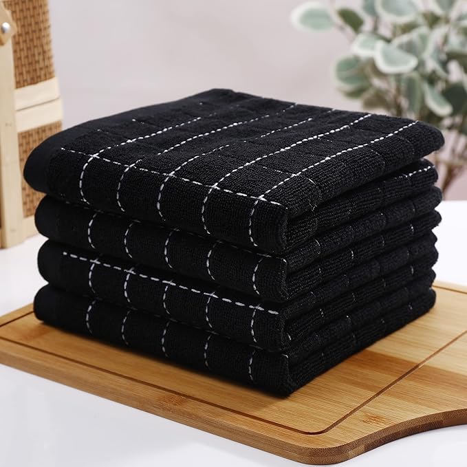Homaxy 100% Cotton Terry Kitchen Towels(Black, 13 x 28 inches), Checkered Designed, Soft and Super Absorbent Dish Towels, 8 Pack
