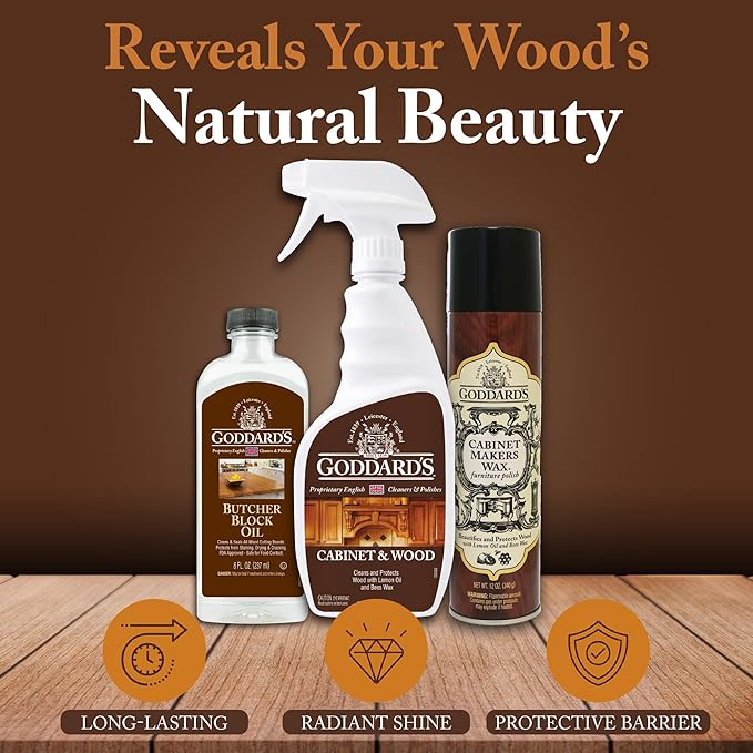 Goddard's Cabinet & Wood Wax Spray, Wood Cleaner & Furniture Polish, Wood Conditioner with Beeswax and Lemon Oil, Shine & Stain Protection, 23 oz