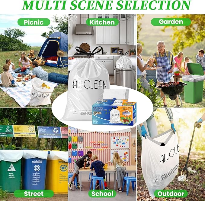 Trash Bags 15 Gallon Tall Kitchen Drawstring Garbage Bags,Fit 13-15 Gal Bins,Extra Strong&Leak-Proof,Unscented&Recyclable Trash Can Liners for Home Office Industrial Bathroom Garden Lawn