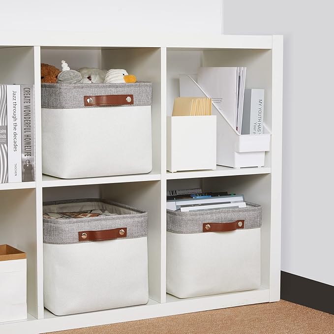 DULLEMELO Storage Baskets for Organizing, Shelves,Bedroom, Decorative Storage Bins with Leather Handles, Fabric Storage Basket for Office, Toys(3-Pack Medium-15 inch X 11 inch X 9.5 inch , Grey&White)