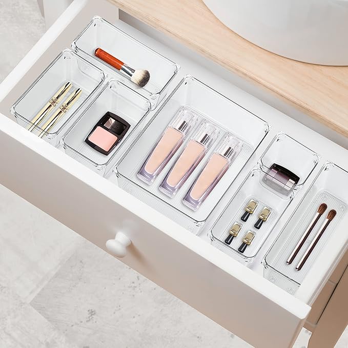Ravinte 6 Pack Drawer Organizer - 6" X 6" Plastic Storage Bins, Acrylic Organizers with Non-Slip Pads Clear Desk Storage Tray for Makeup, Jewelries, Kitchen Utensils, Bathroom and Office